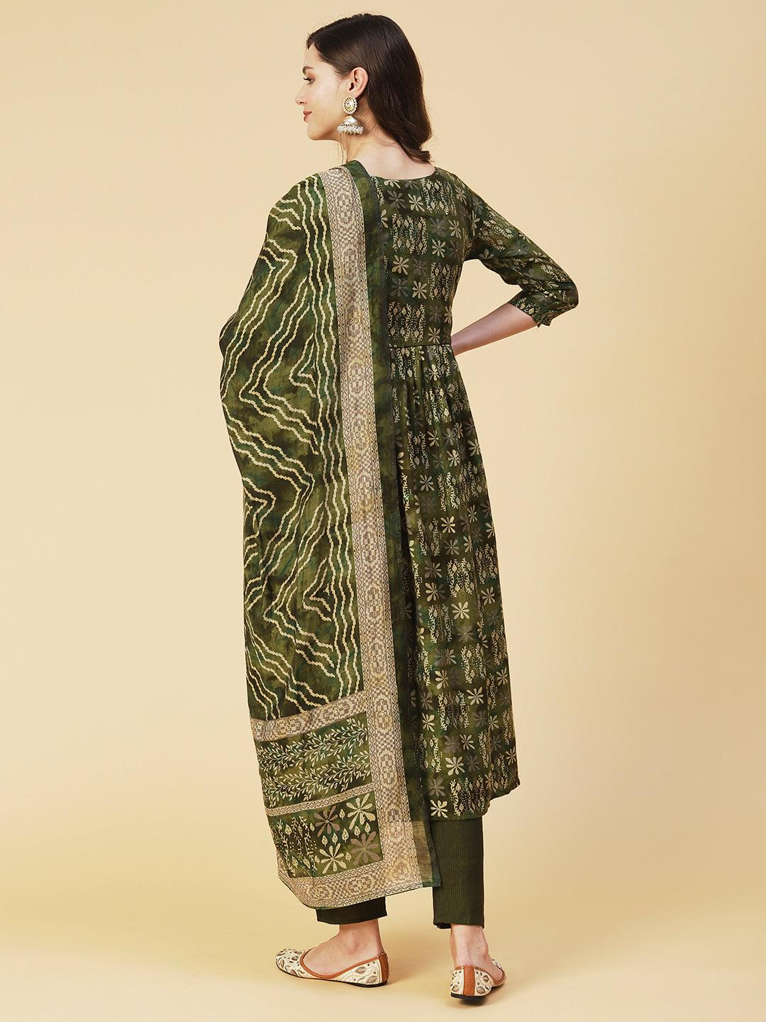 Floral Printed & Hand Embroidered A-Line Kurta with Pant & Dupatta - Green - Indiakreations