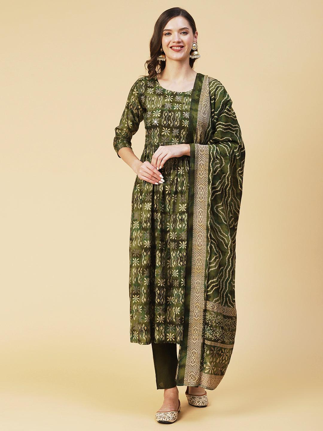 Floral Printed & Hand Embroidered A-Line Kurta with Pant & Dupatta - Green - Indiakreations