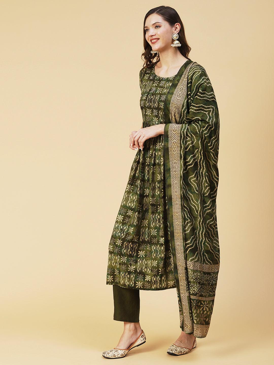 Floral Printed & Hand Embroidered A-Line Kurta with Pant & Dupatta - Green - Indiakreations