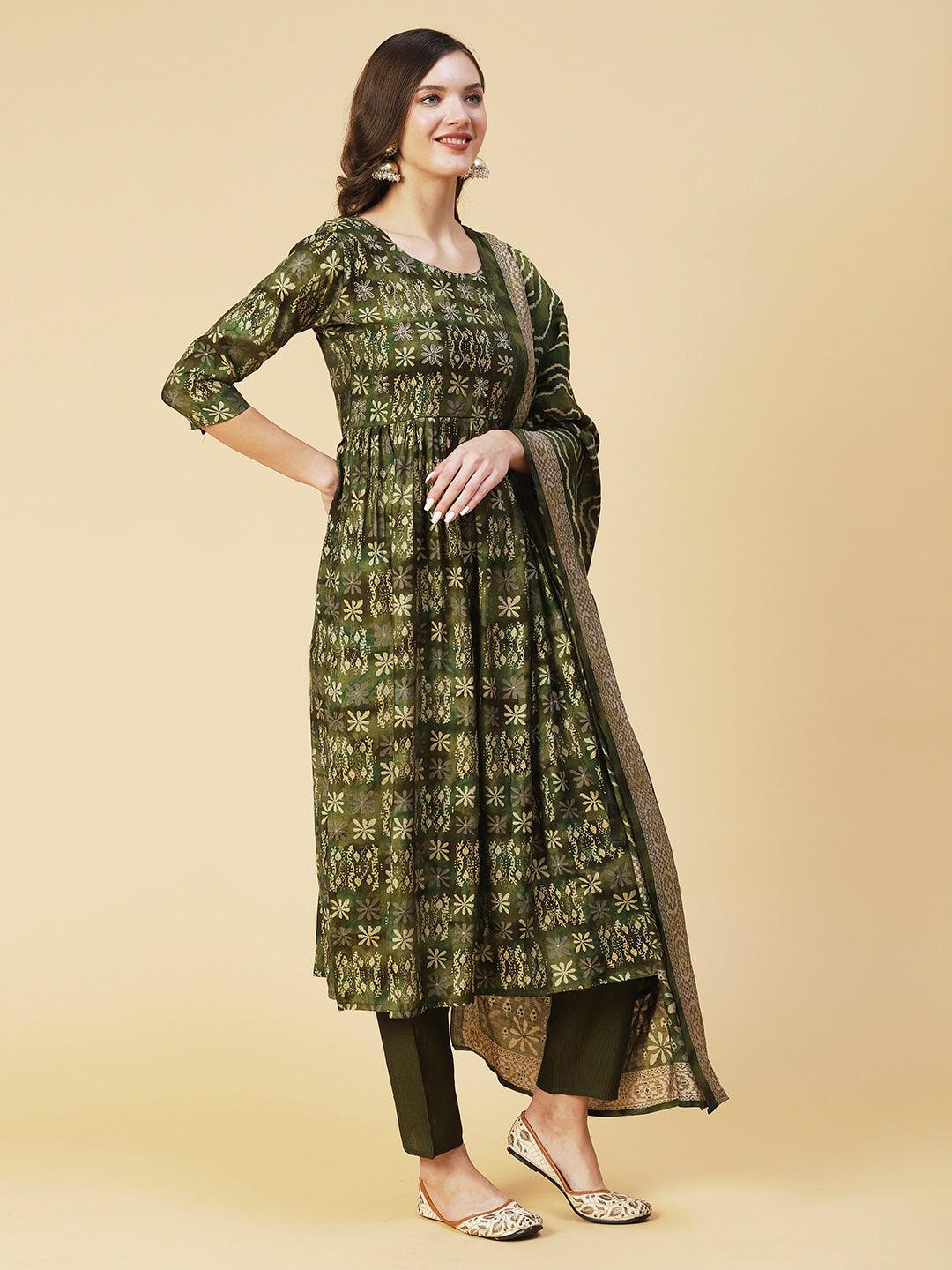 Floral Printed & Hand Embroidered A-Line Kurta with Pant & Dupatta - Green - Indiakreations