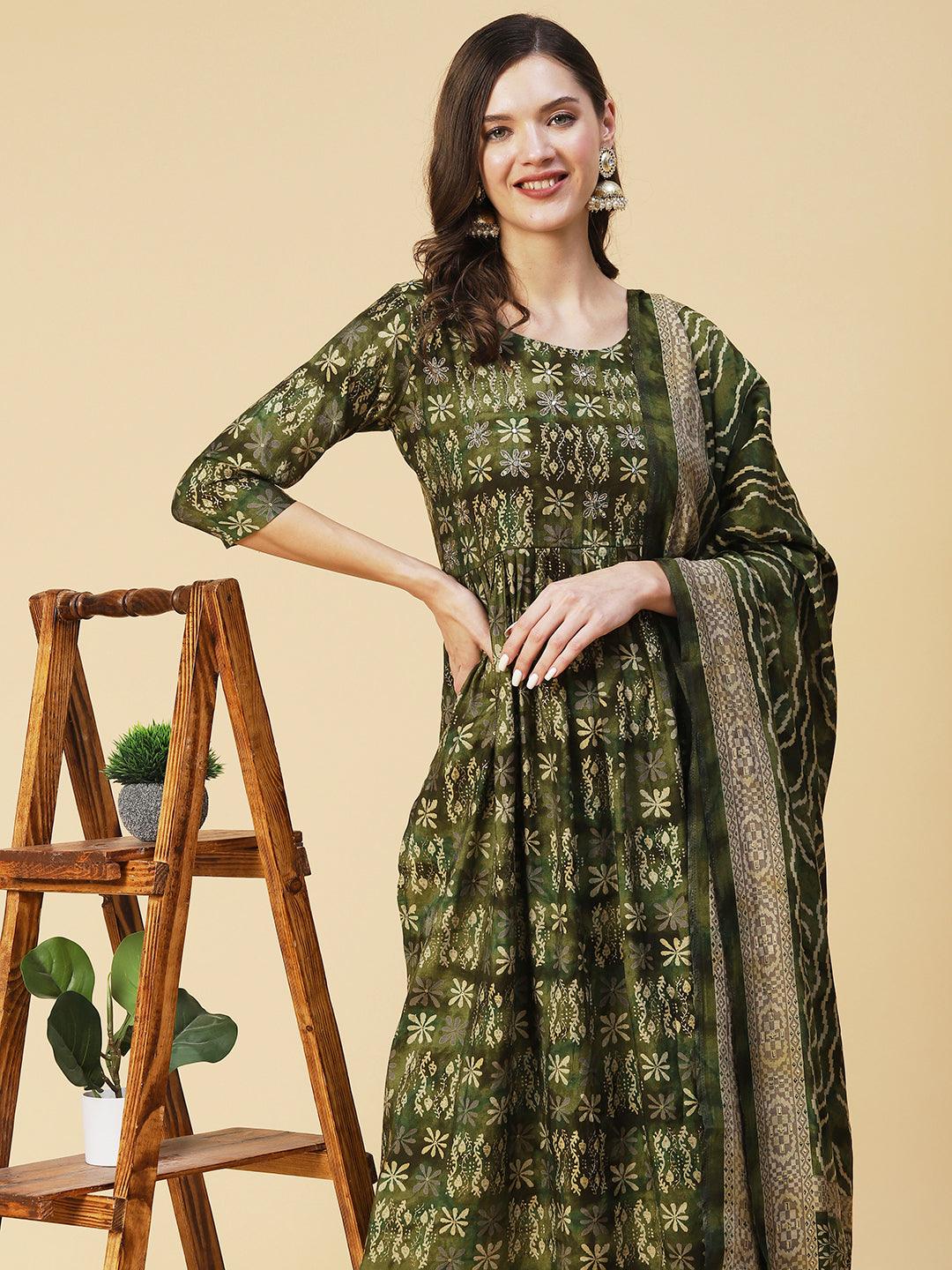 Floral Printed & Hand Embroidered A-Line Kurta with Pant & Dupatta - Green - Indiakreations