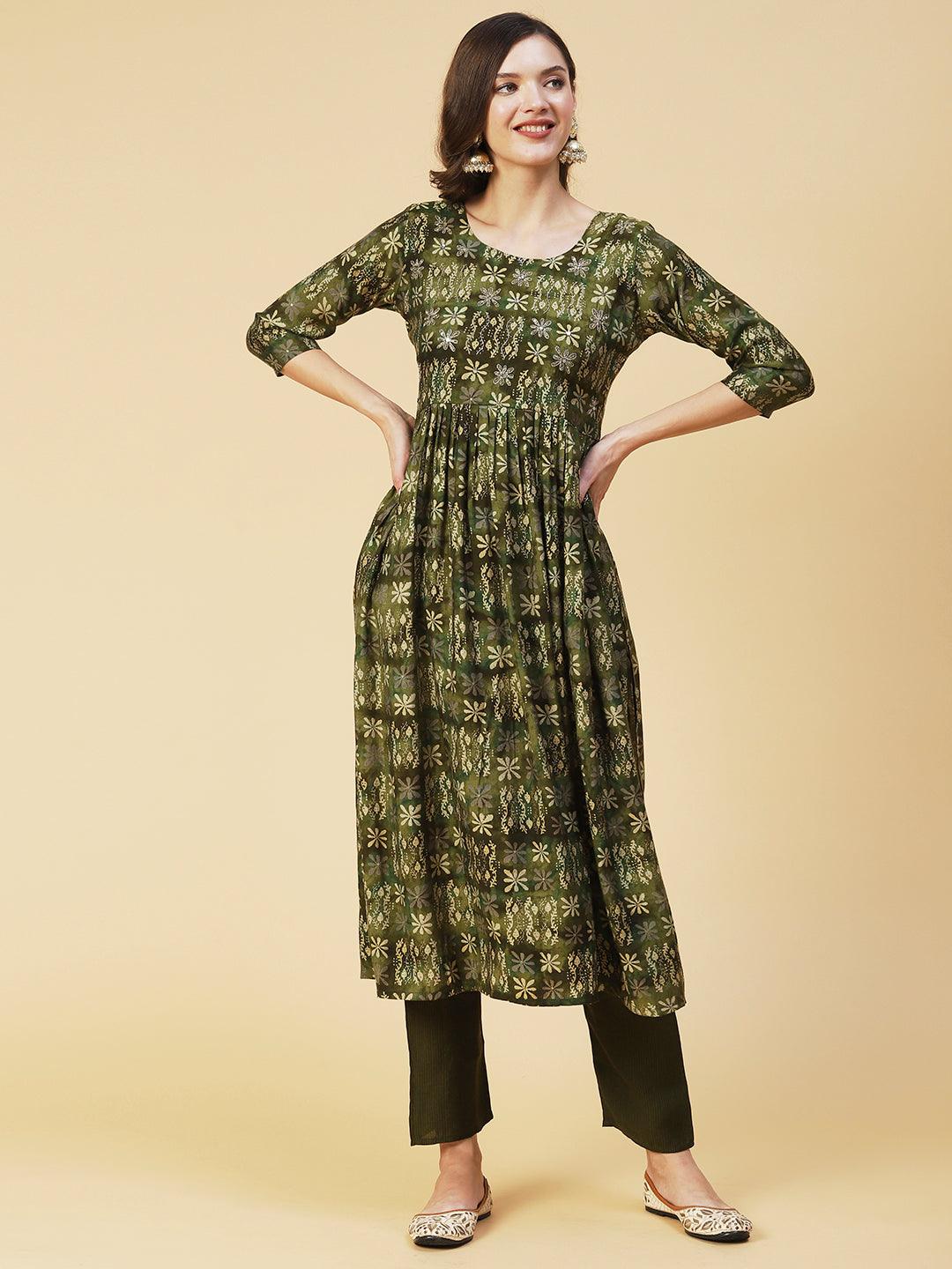 Floral Printed & Hand Embroidered A-Line Kurta with Pant & Dupatta - Green - Indiakreations