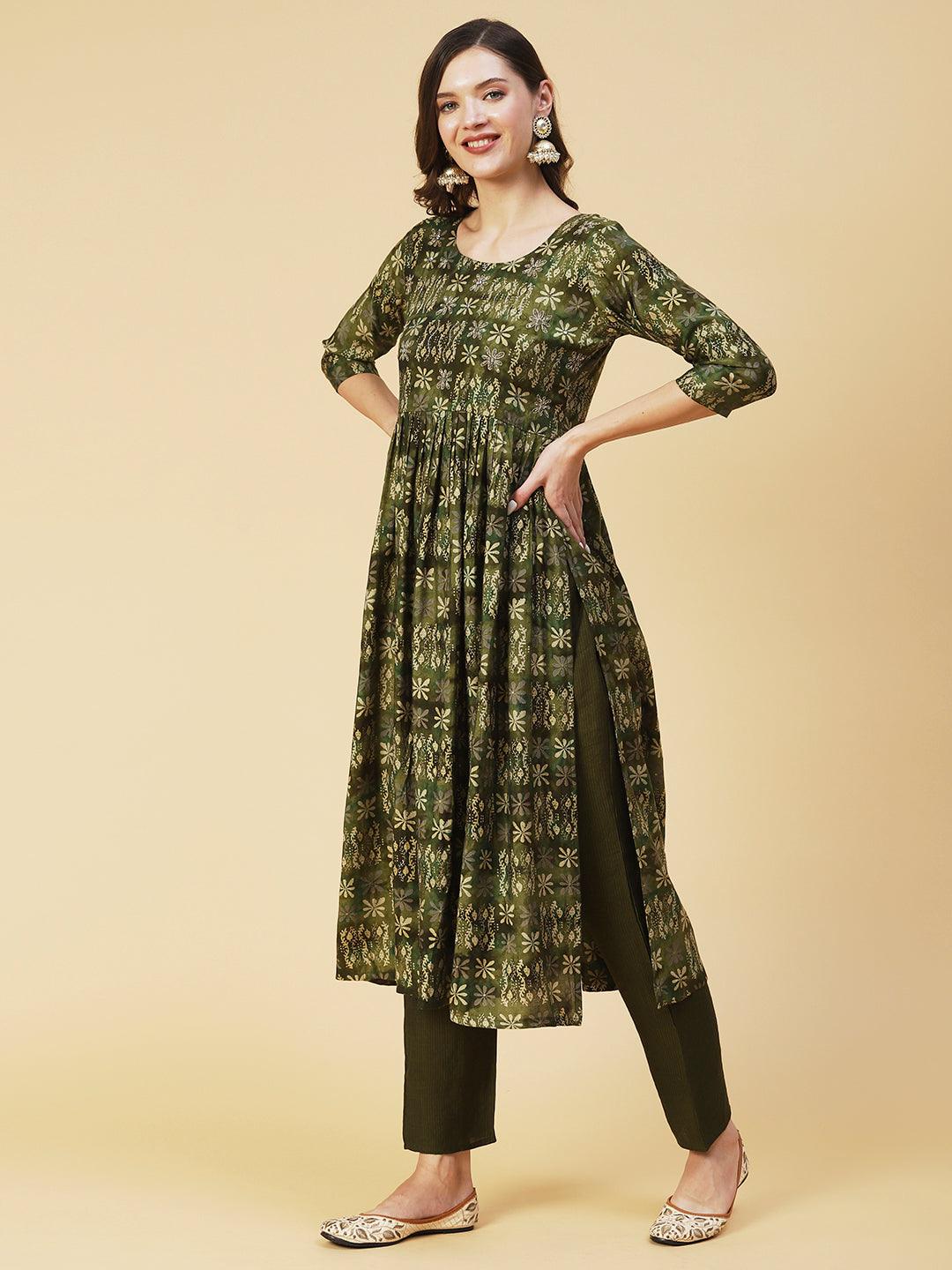 Floral Printed & Hand Embroidered A-Line Kurta with Pant & Dupatta - Green - Indiakreations