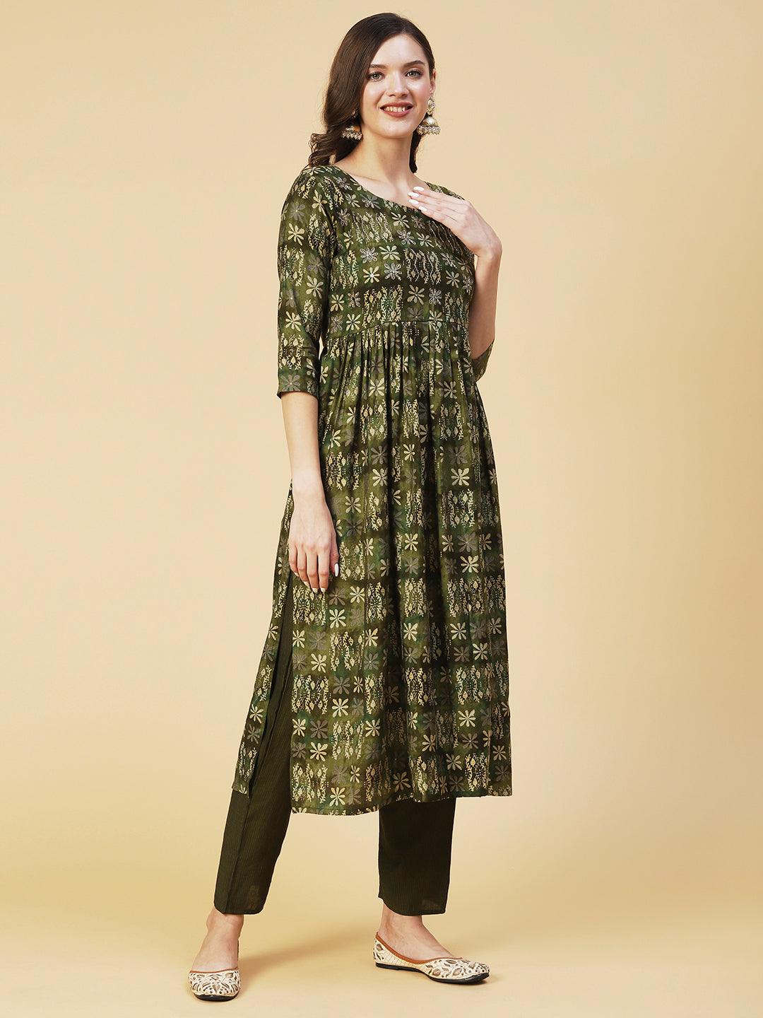 Floral Printed & Hand Embroidered A-Line Kurta with Pant & Dupatta - Green - Indiakreations