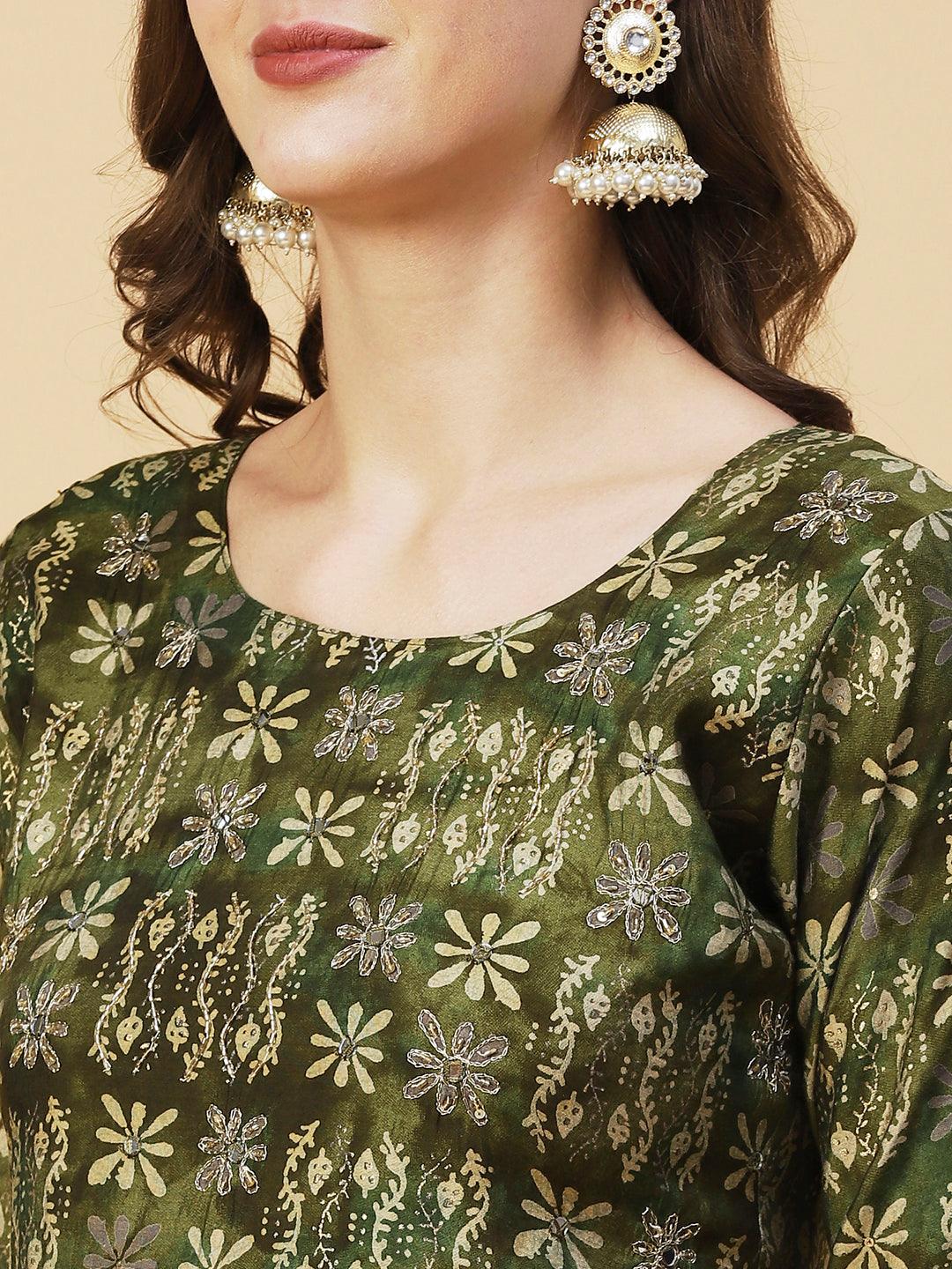 Floral Printed & Hand Embroidered A-Line Kurta with Pant & Dupatta - Green - Indiakreations