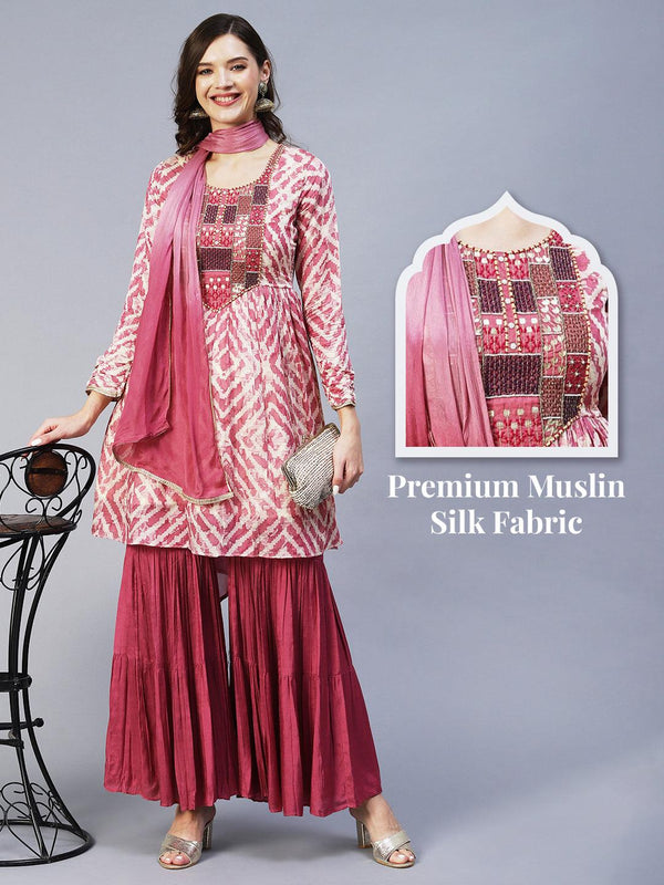 Abstract Printed & Embroidered Peplum Kurta with Sharara & Dupatta - Mauve - Indiakreations