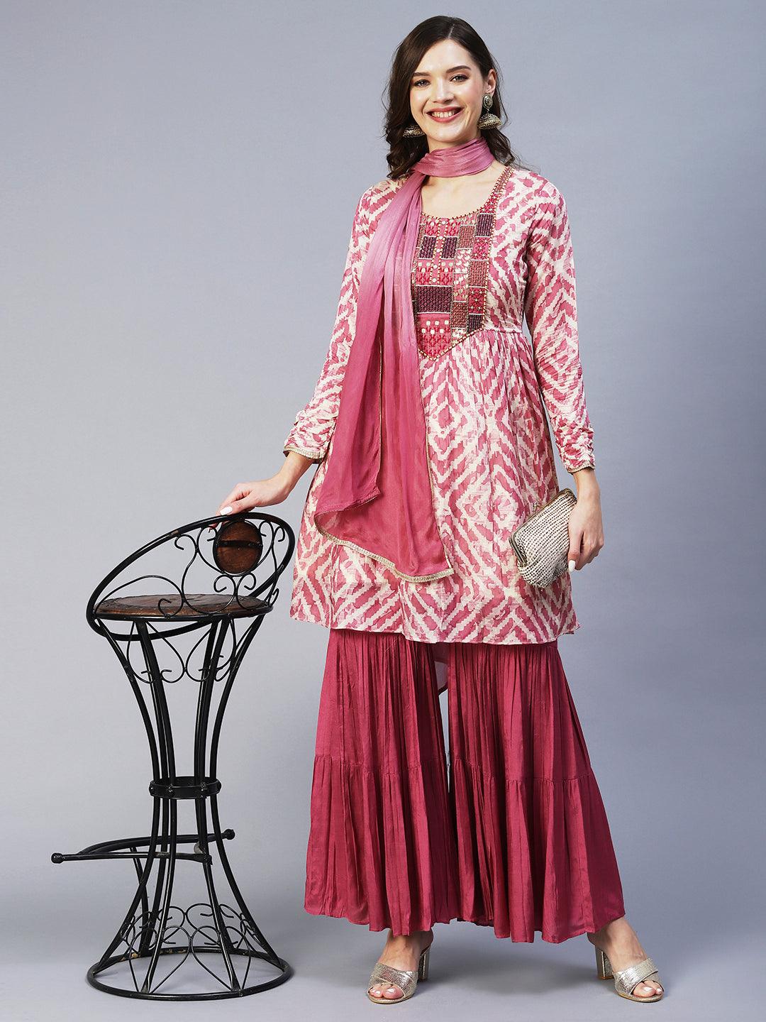 Abstract Printed & Embroidered Peplum Kurta with Sharara & Dupatta - Mauve - Indiakreations