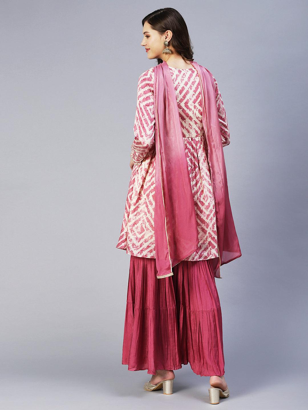 Abstract Printed & Embroidered Peplum Kurta with Sharara & Dupatta - Mauve - Indiakreations