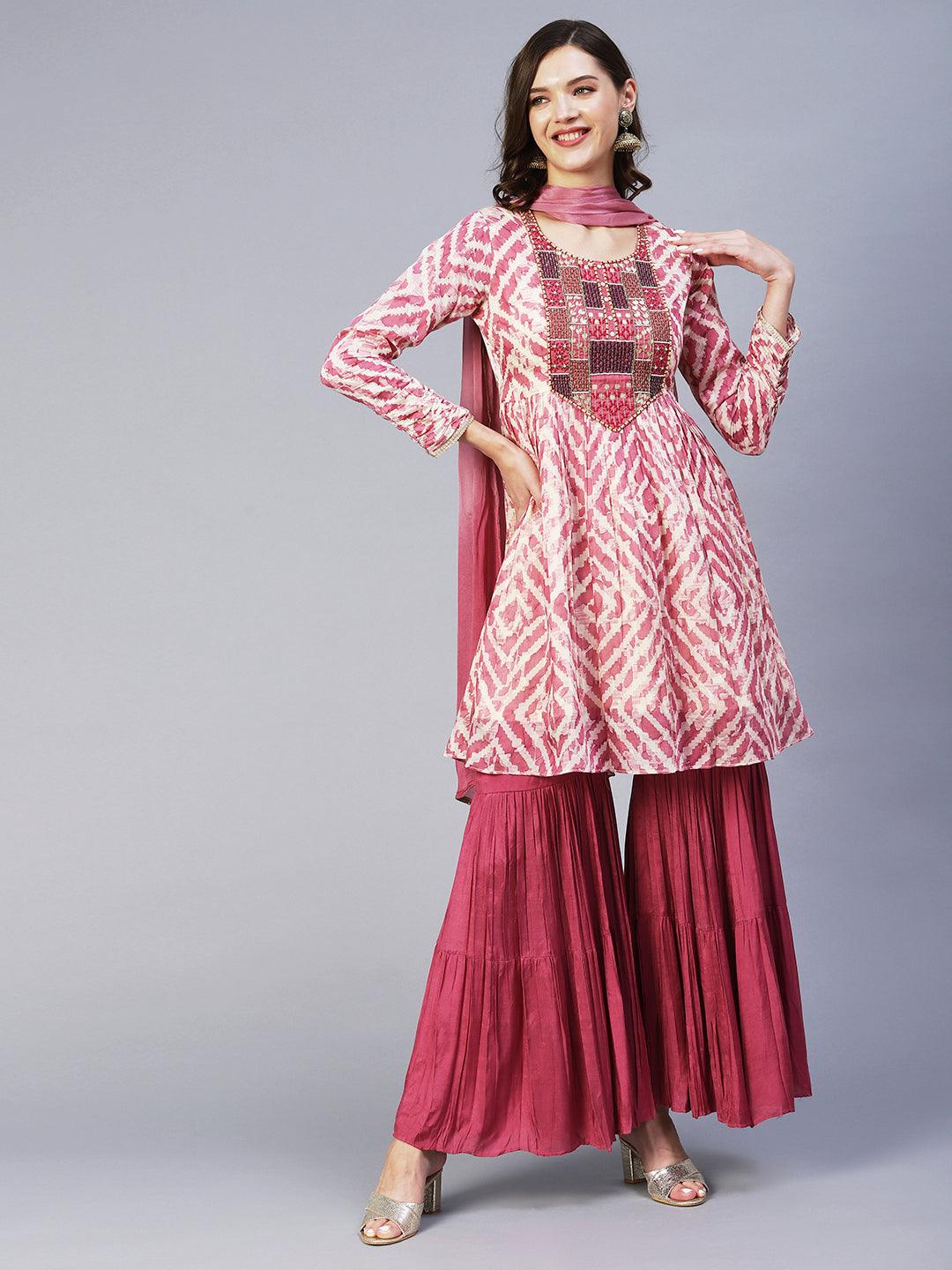 Abstract Printed & Embroidered Peplum Kurta with Sharara & Dupatta - Mauve - Indiakreations