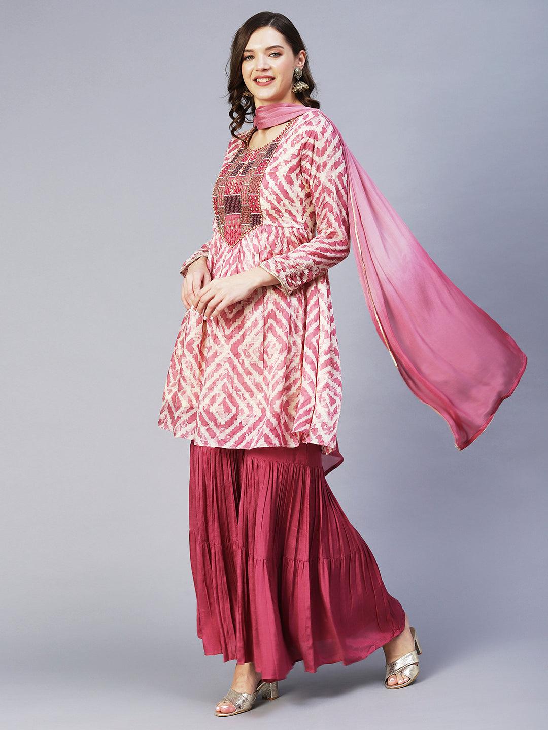 Abstract Printed & Embroidered Peplum Kurta with Sharara & Dupatta - Mauve - Indiakreations