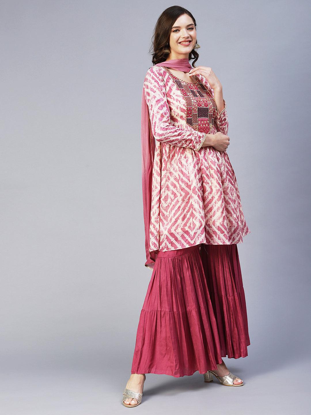 Abstract Printed & Embroidered Peplum Kurta with Sharara & Dupatta - Mauve - Indiakreations