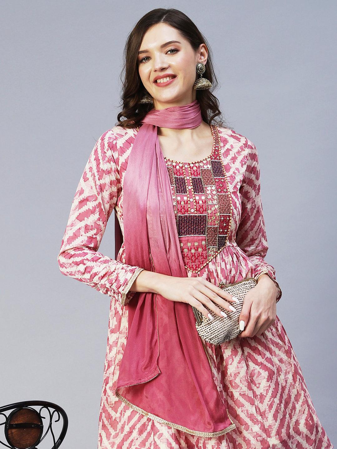 Abstract Printed & Embroidered Peplum Kurta with Sharara & Dupatta - Mauve - Indiakreations