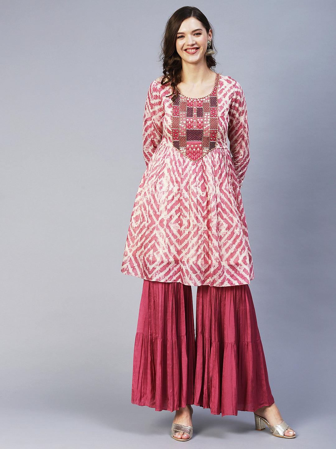 Abstract Printed & Embroidered Peplum Kurta with Sharara & Dupatta - Mauve - Indiakreations