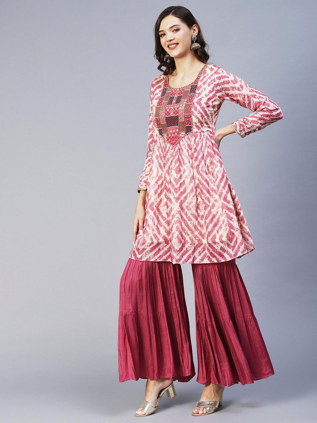 Abstract Printed & Embroidered Peplum Kurta with Sharara & Dupatta - Mauve - Indiakreations