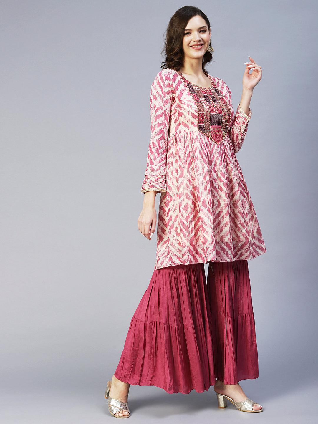 Abstract Printed & Embroidered Peplum Kurta with Sharara & Dupatta - Mauve - Indiakreations