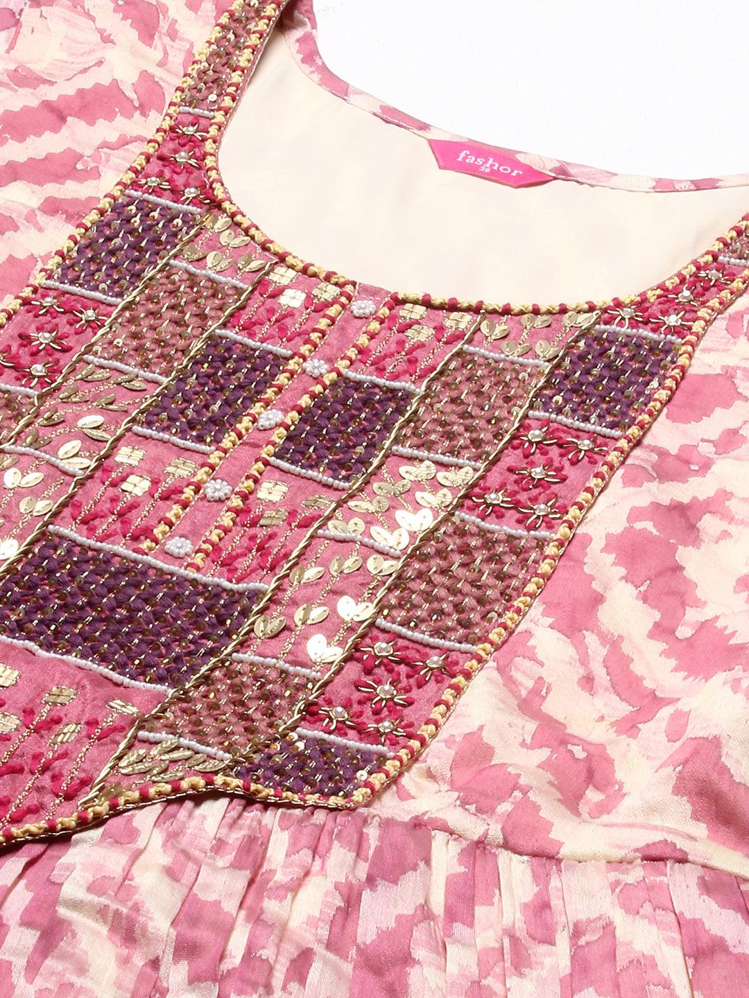 Abstract Printed & Embroidered Peplum Kurta with Sharara & Dupatta - Mauve - Indiakreations