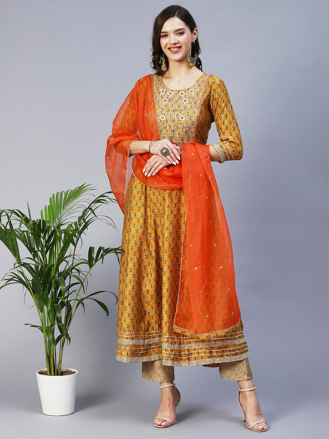 Floral Print Mirror Embroidered Kurta With Striped Pants & Embroidered Dupatta - Mustard - Indiakreations