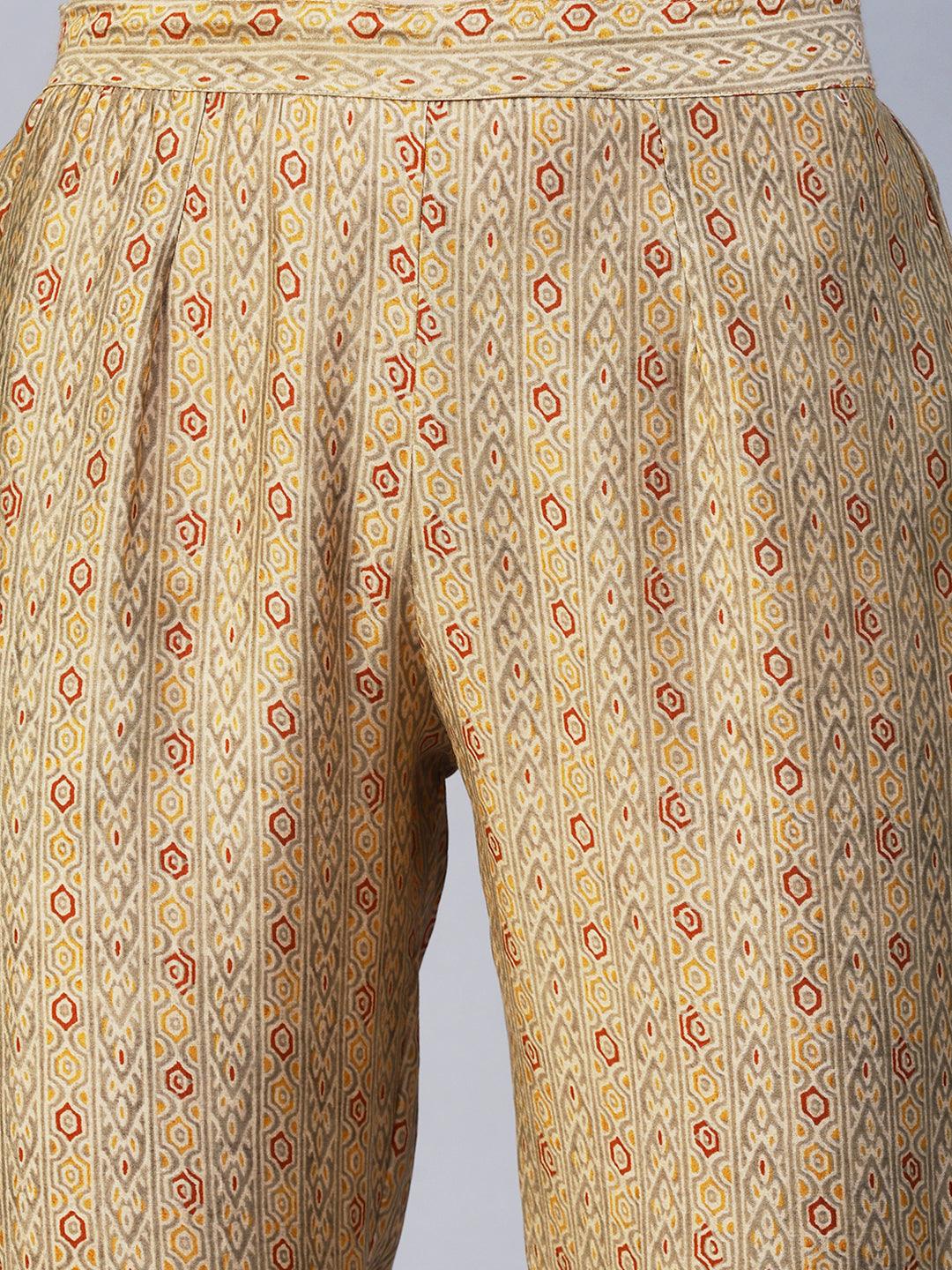 Floral Print Mirror Embroidered Kurta With Striped Pants & Embroidered Dupatta - Mustard - Indiakreations