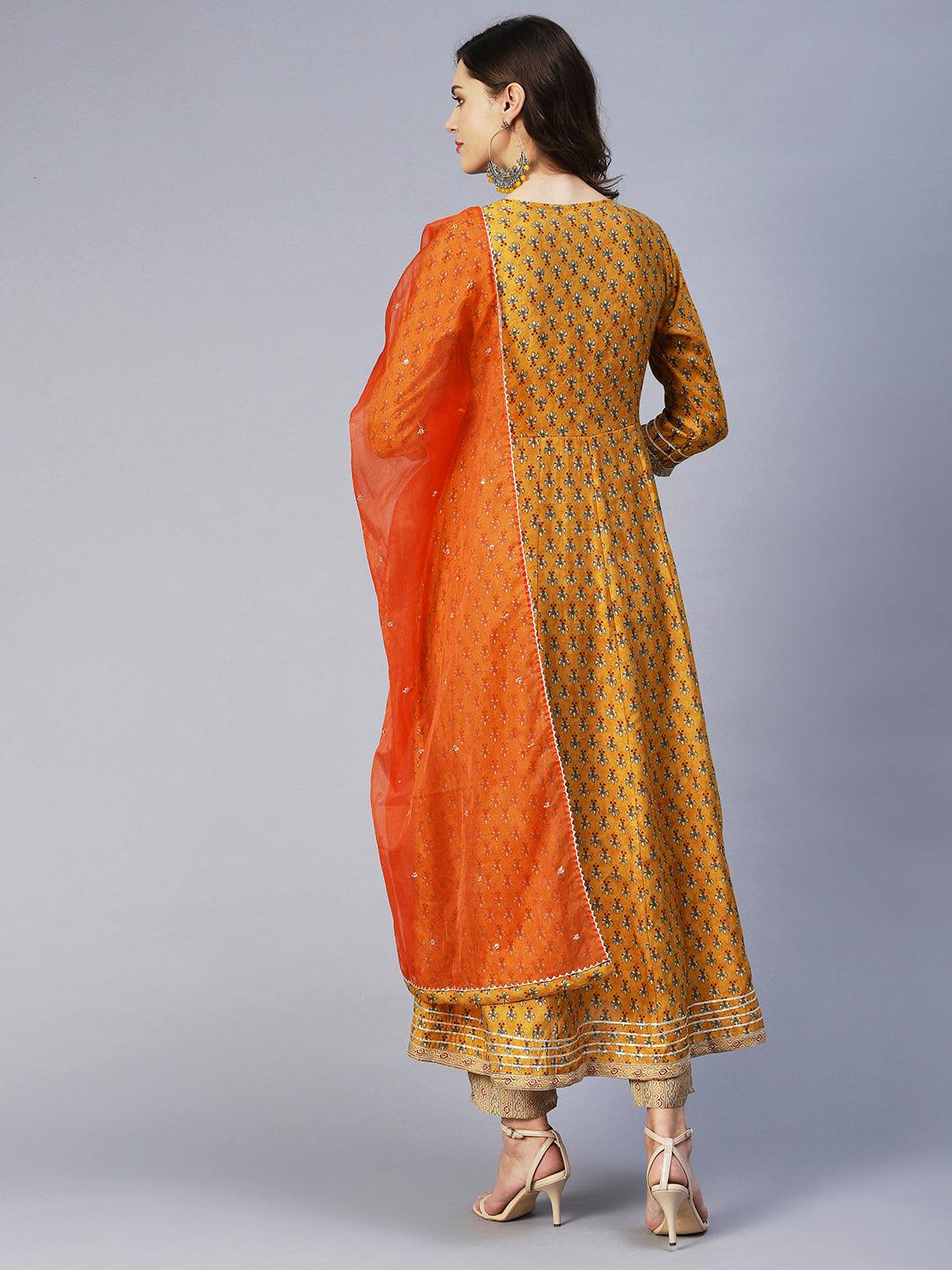 Floral Print Mirror Embroidered Kurta With Striped Pants & Embroidered Dupatta - Mustard - Indiakreations