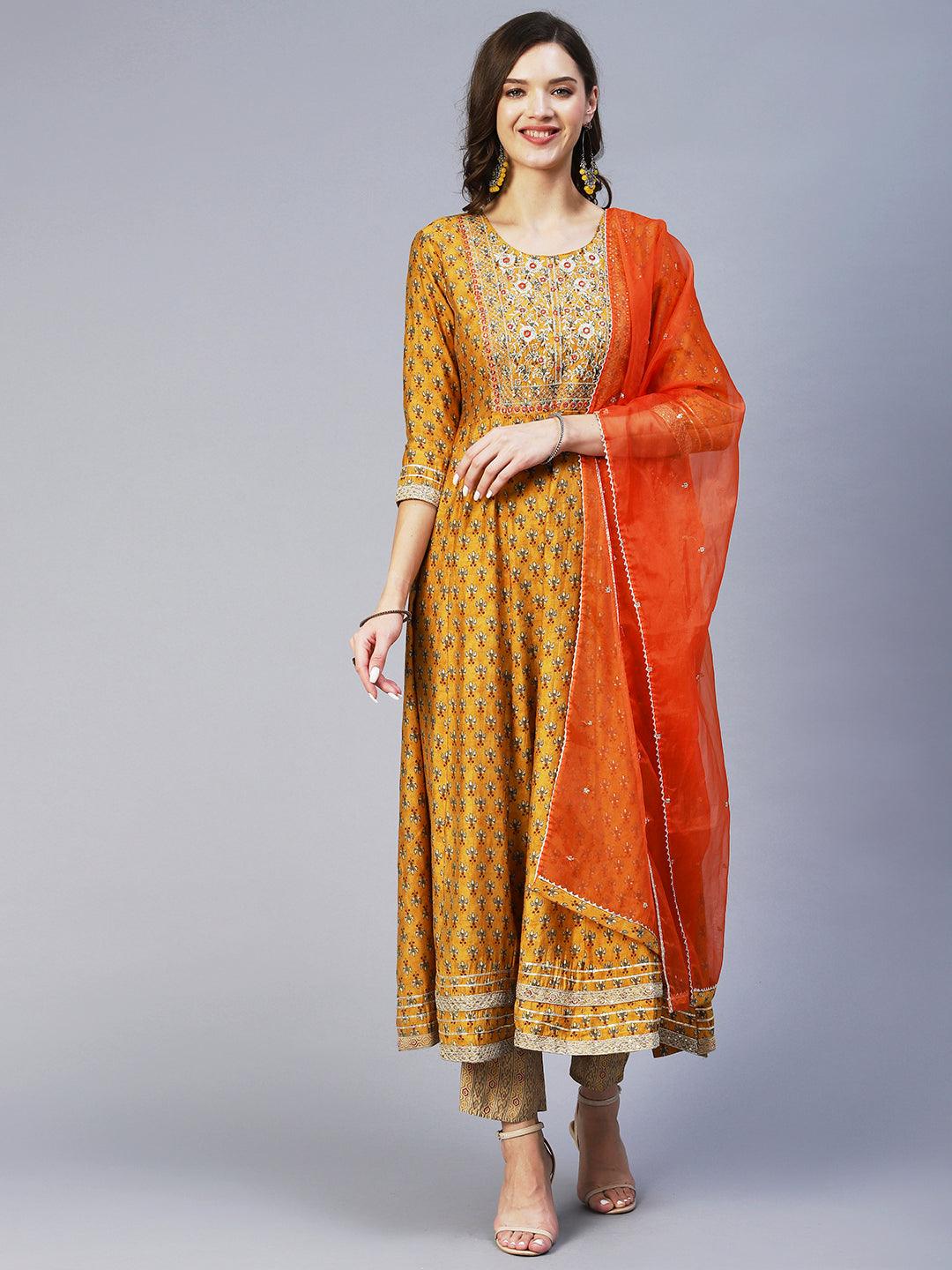 Floral Print Mirror Embroidered Kurta With Striped Pants & Embroidered Dupatta - Mustard - Indiakreations