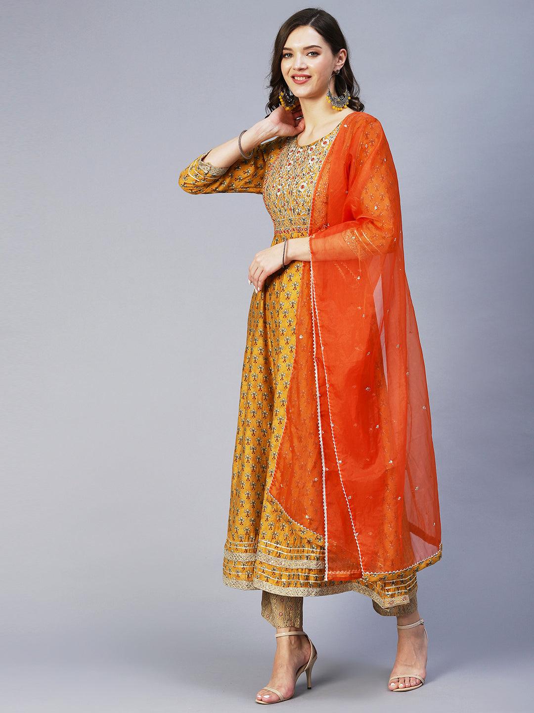 Floral Print Mirror Embroidered Kurta With Striped Pants & Embroidered Dupatta - Mustard - Indiakreations