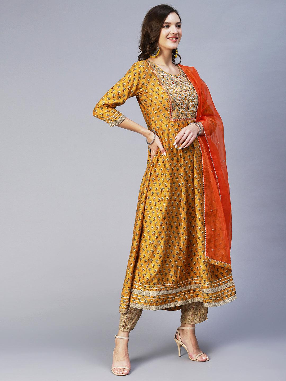 Floral Print Mirror Embroidered Kurta With Striped Pants & Embroidered Dupatta - Mustard - Indiakreations