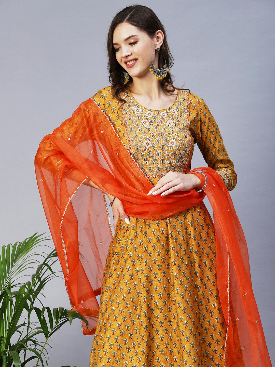 Floral Print Mirror Embroidered Kurta With Striped Pants & Embroidered Dupatta - Mustard - Indiakreations