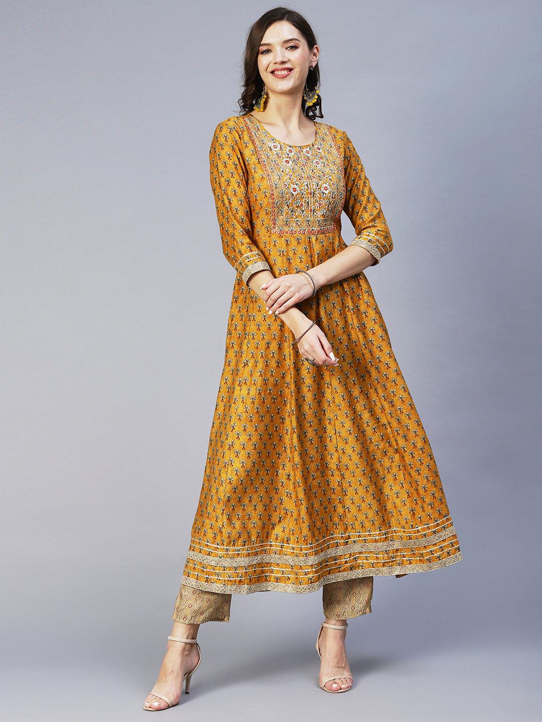 Floral Print Mirror Embroidered Kurta With Striped Pants & Embroidered Dupatta - Mustard - Indiakreations