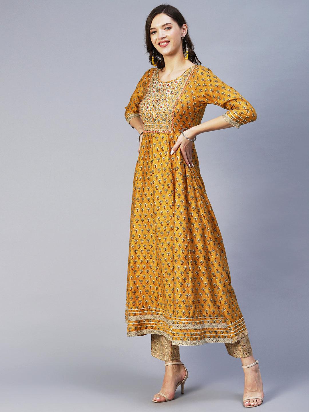 Floral Print Mirror Embroidered Kurta With Striped Pants & Embroidered Dupatta - Mustard - Indiakreations