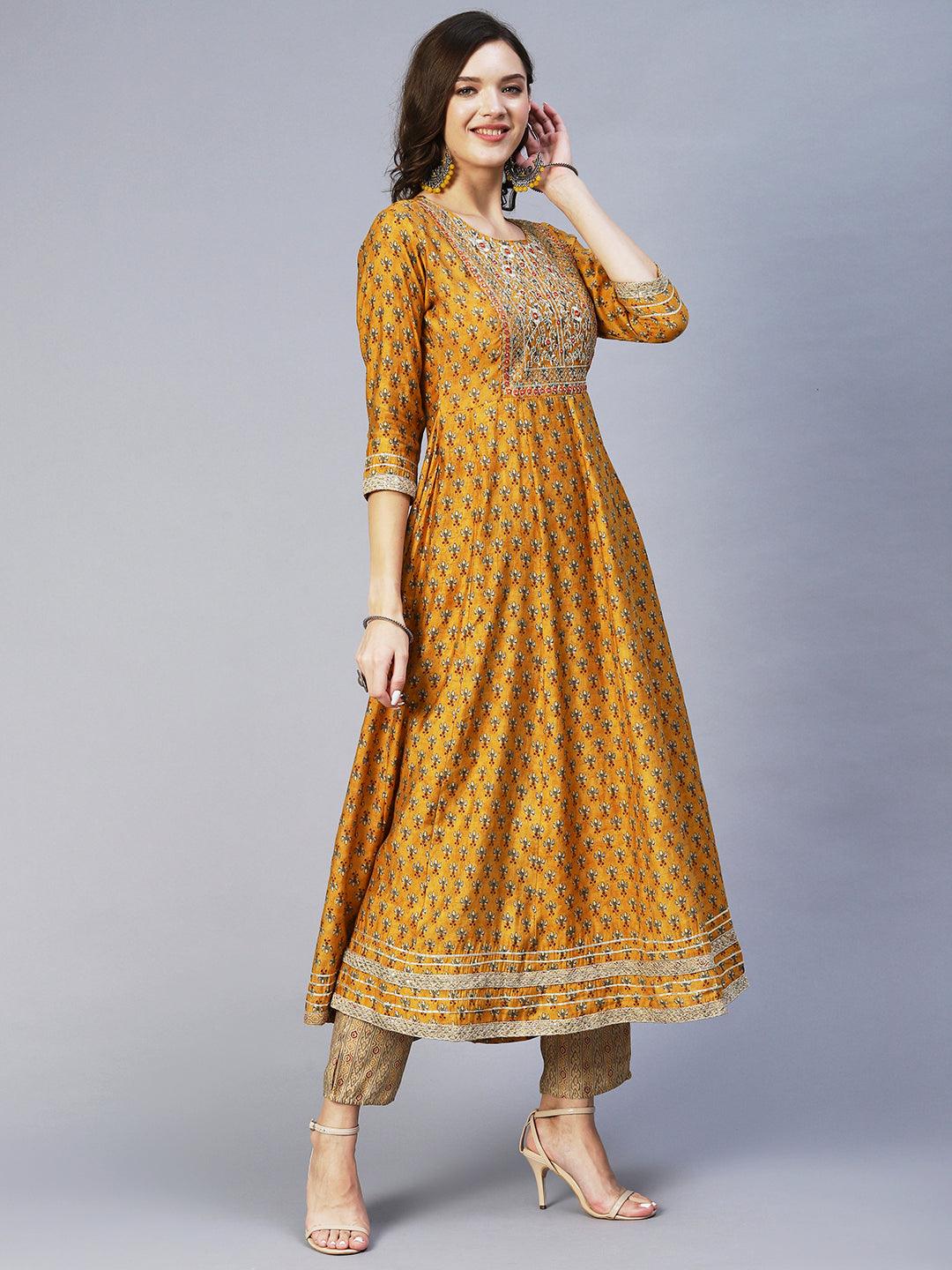 Floral Print Mirror Embroidered Kurta With Striped Pants & Embroidered Dupatta - Mustard - Indiakreations