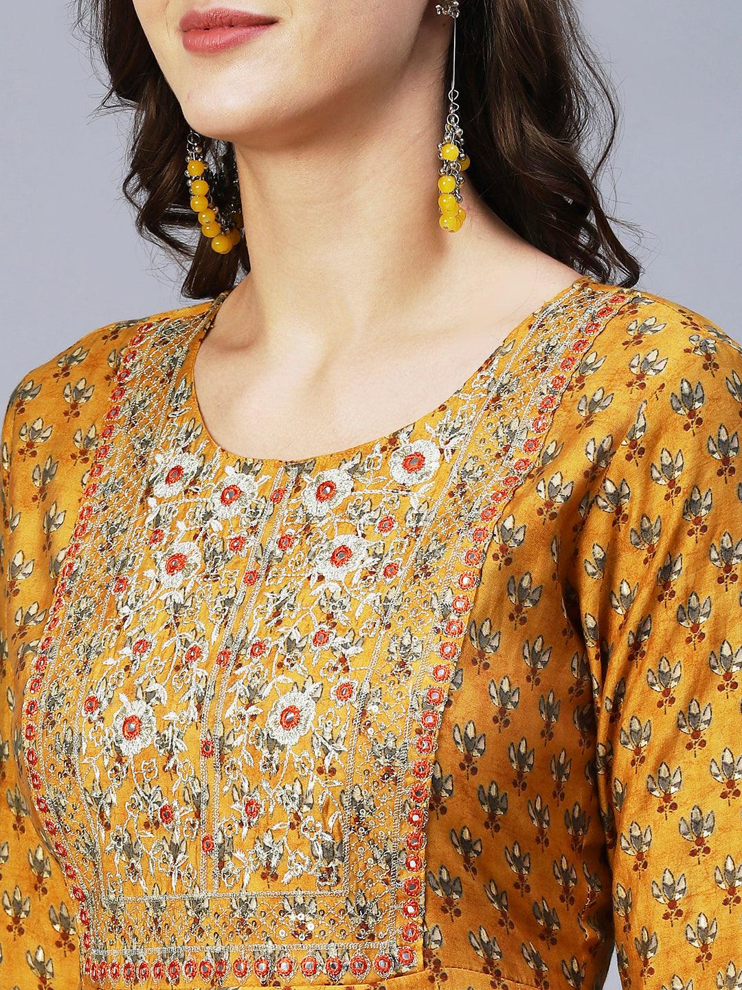 Floral Print Mirror Embroidered Kurta With Striped Pants & Embroidered Dupatta - Mustard - Indiakreations