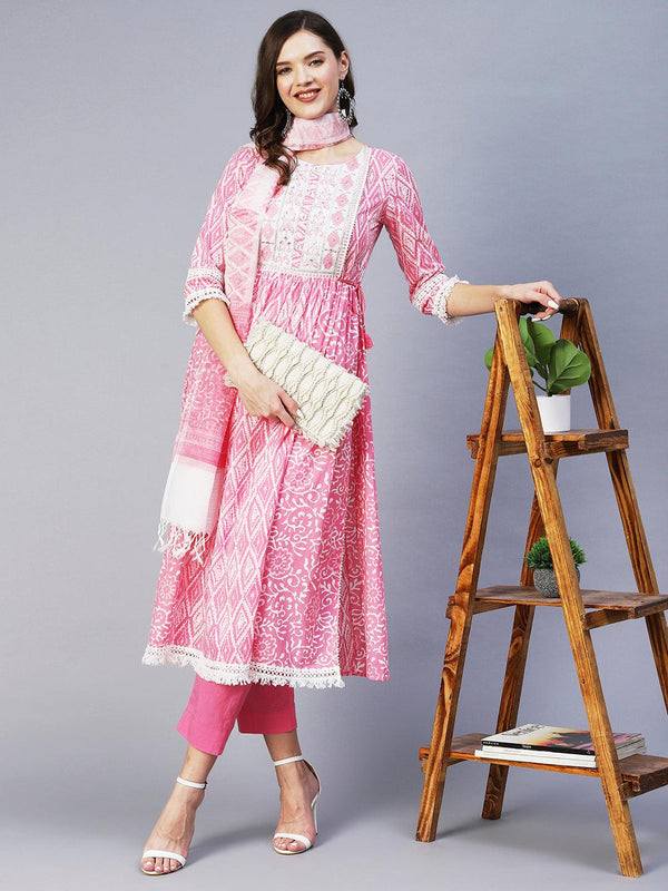 Ethnic Printed & Embroidered A-Line Kurta with Pant & Dupatta - Pink - Indiakreations