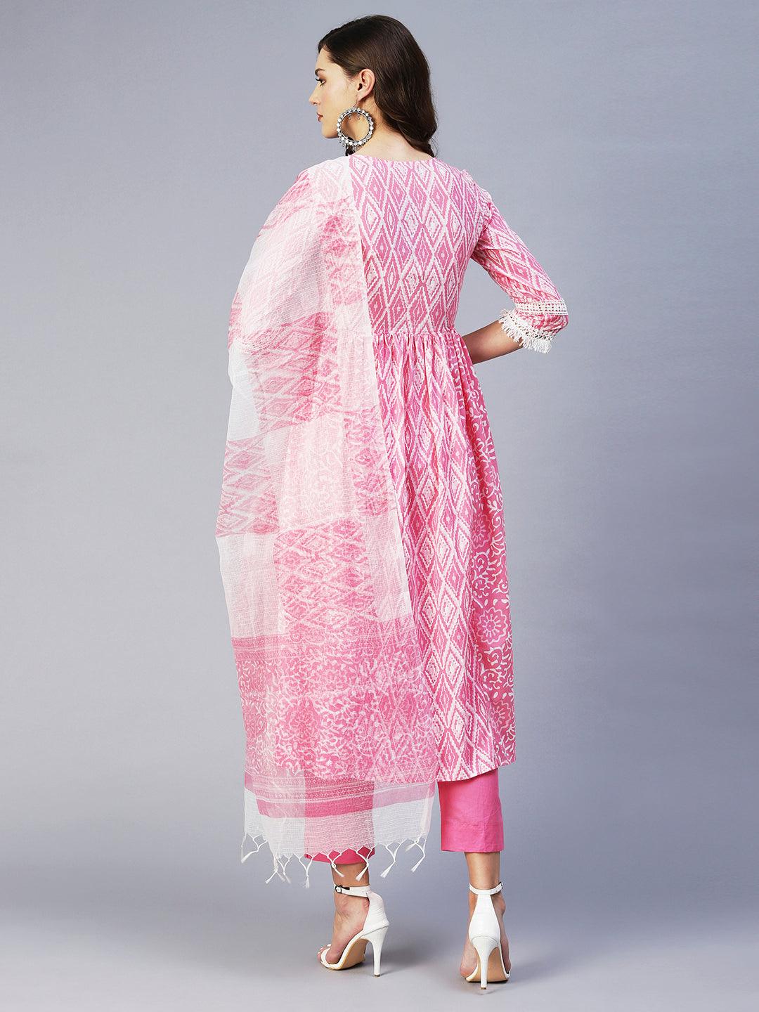 Ethnic Printed & Embroidered A-Line Kurta with Pant & Dupatta - Pink - Indiakreations