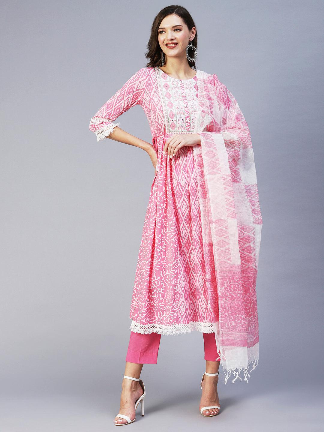 Ethnic Printed & Embroidered A-Line Kurta with Pant & Dupatta - Pink - Indiakreations