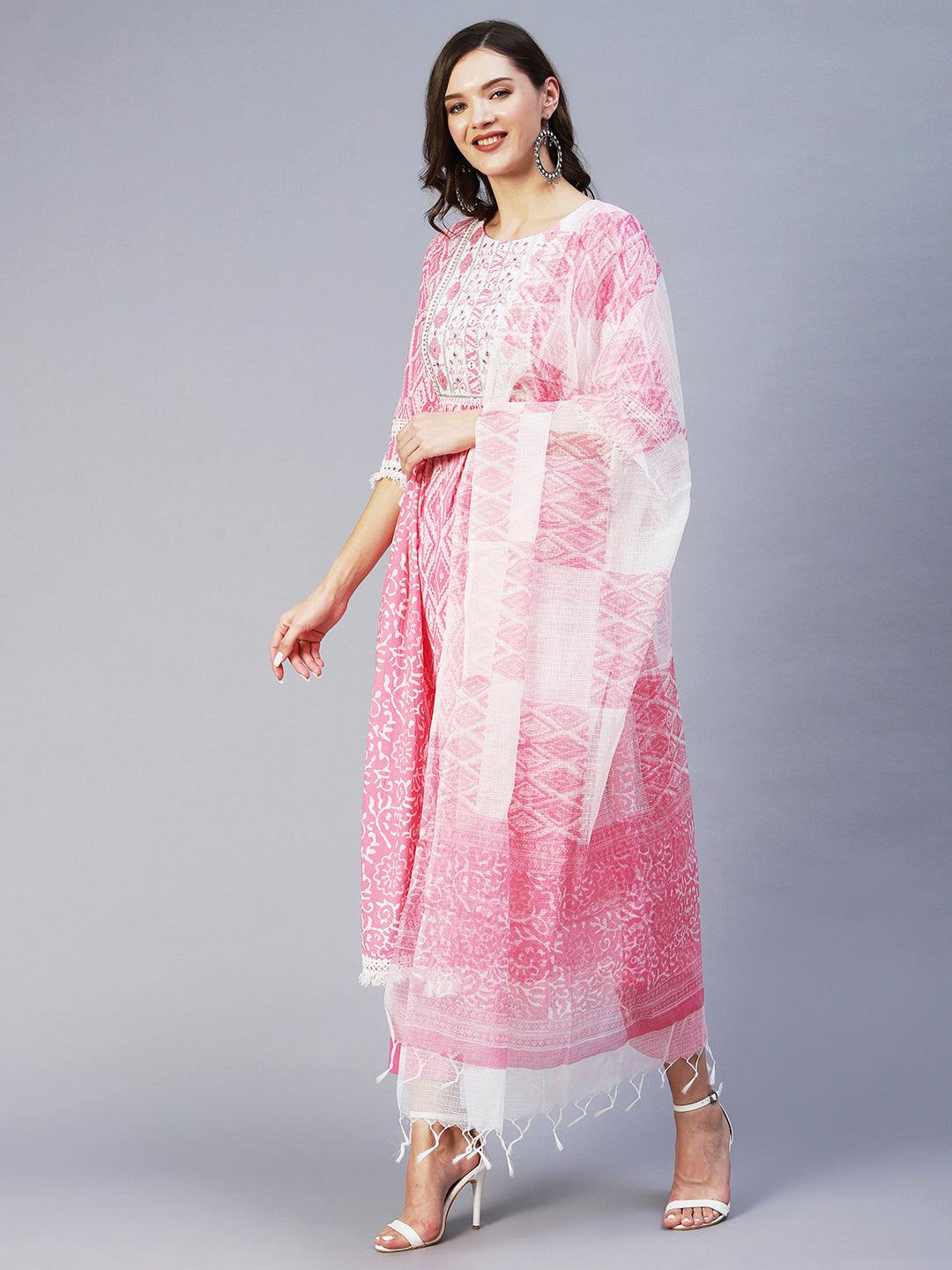 Ethnic Printed & Embroidered A-Line Kurta with Pant & Dupatta - Pink - Indiakreations