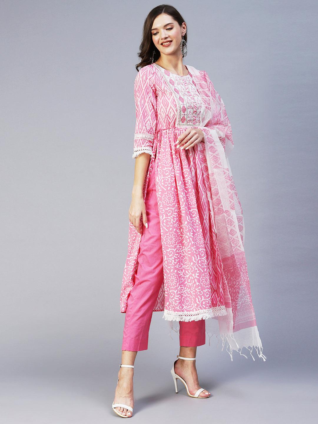 Ethnic Printed & Embroidered A-Line Kurta with Pant & Dupatta - Pink - Indiakreations