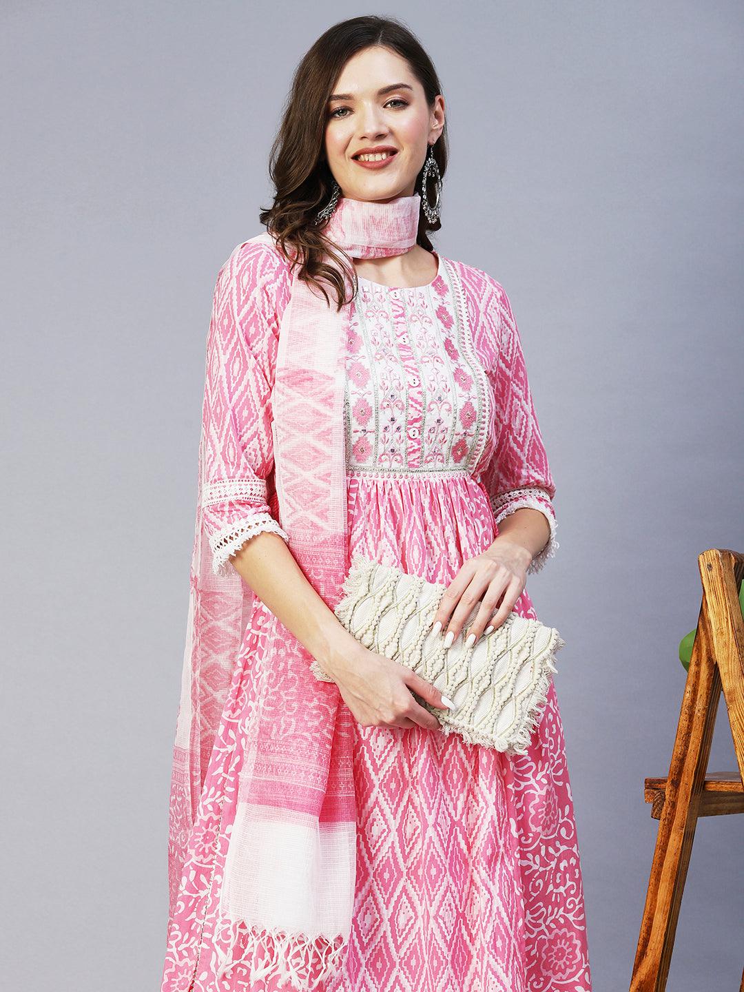 Ethnic Printed & Embroidered A-Line Kurta with Pant & Dupatta - Pink - Indiakreations