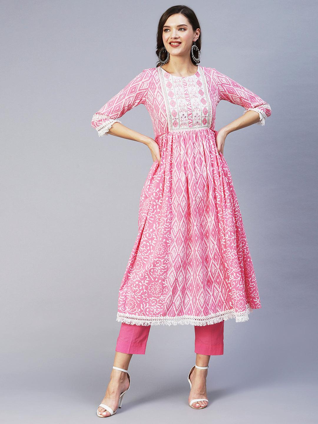 Ethnic Printed & Embroidered A-Line Kurta with Pant & Dupatta - Pink - Indiakreations