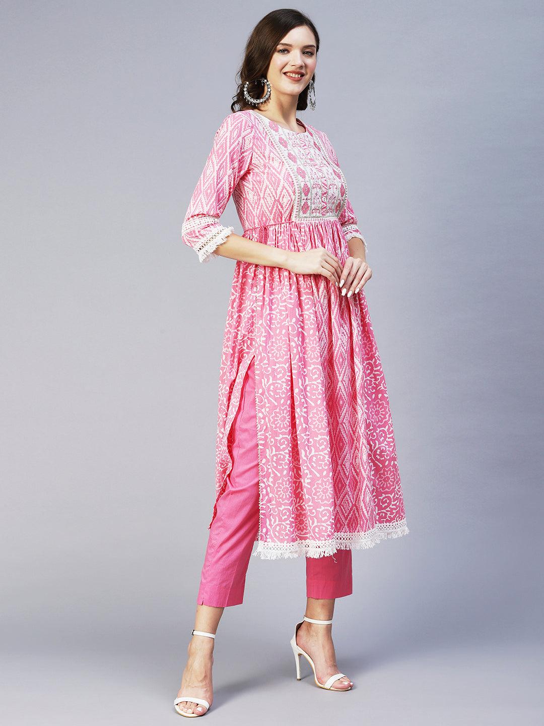 Ethnic Printed & Embroidered A-Line Kurta with Pant & Dupatta - Pink - Indiakreations