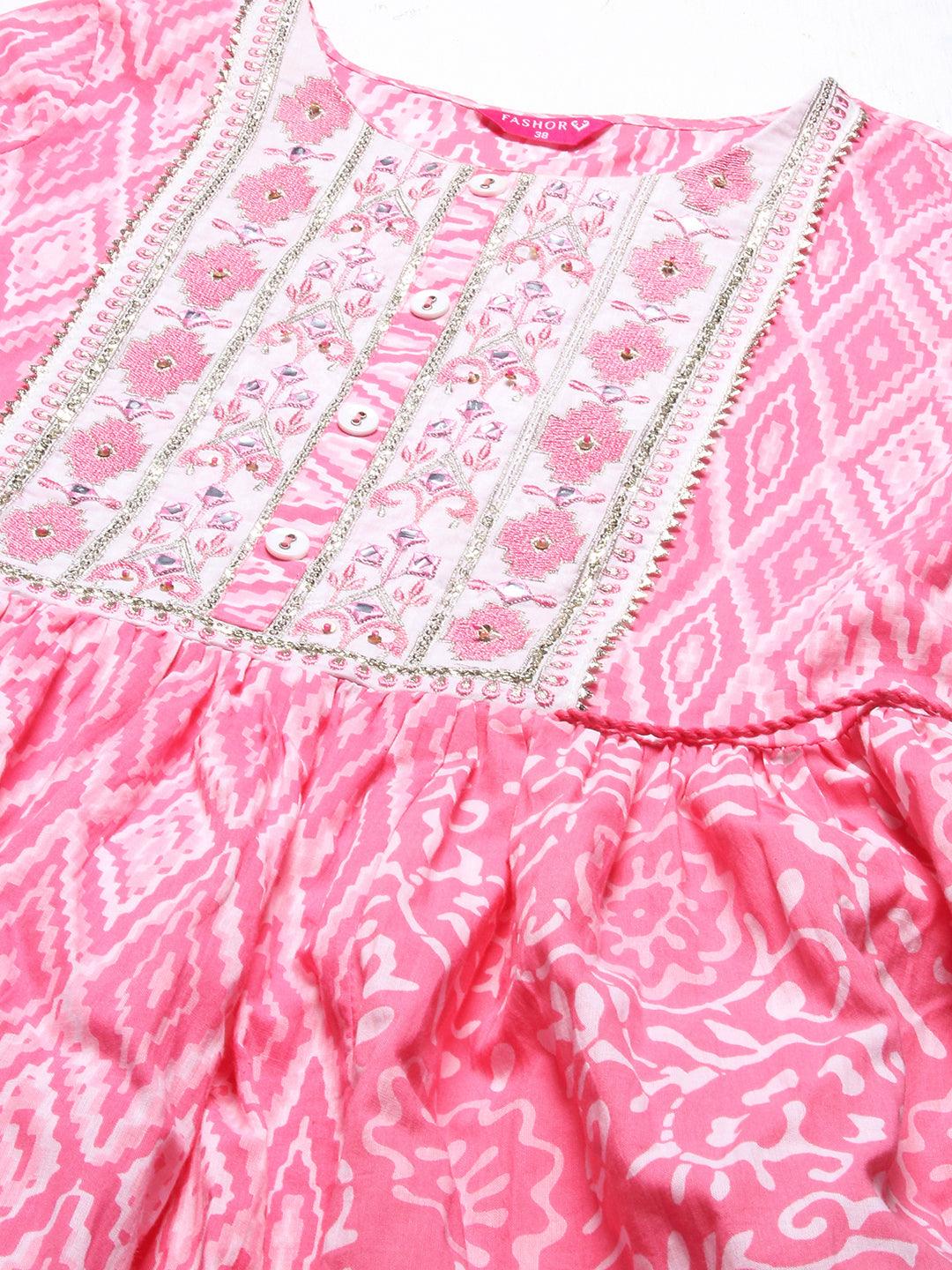 Ethnic Printed & Embroidered A-Line Kurta with Pant & Dupatta - Pink - Indiakreations