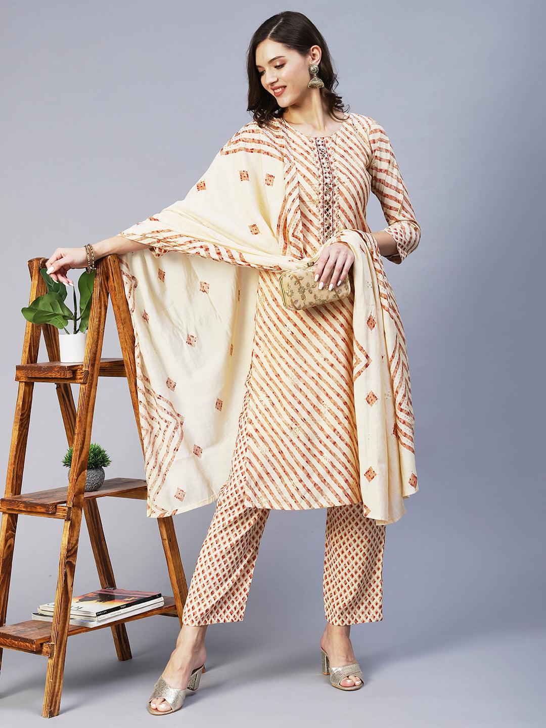 Leheriya Printed & Embroidered Straight Kurta with Pant & Dupatta - Cream - Indiakreations