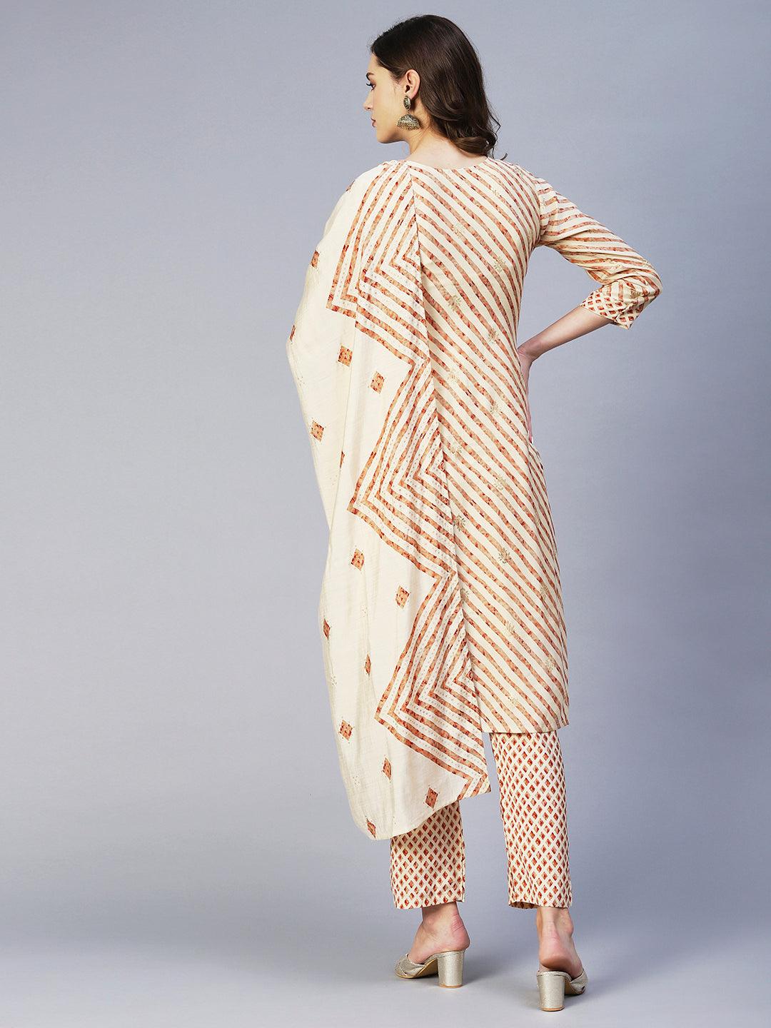 Leheriya Printed & Embroidered Straight Kurta with Pant & Dupatta - Cream - Indiakreations