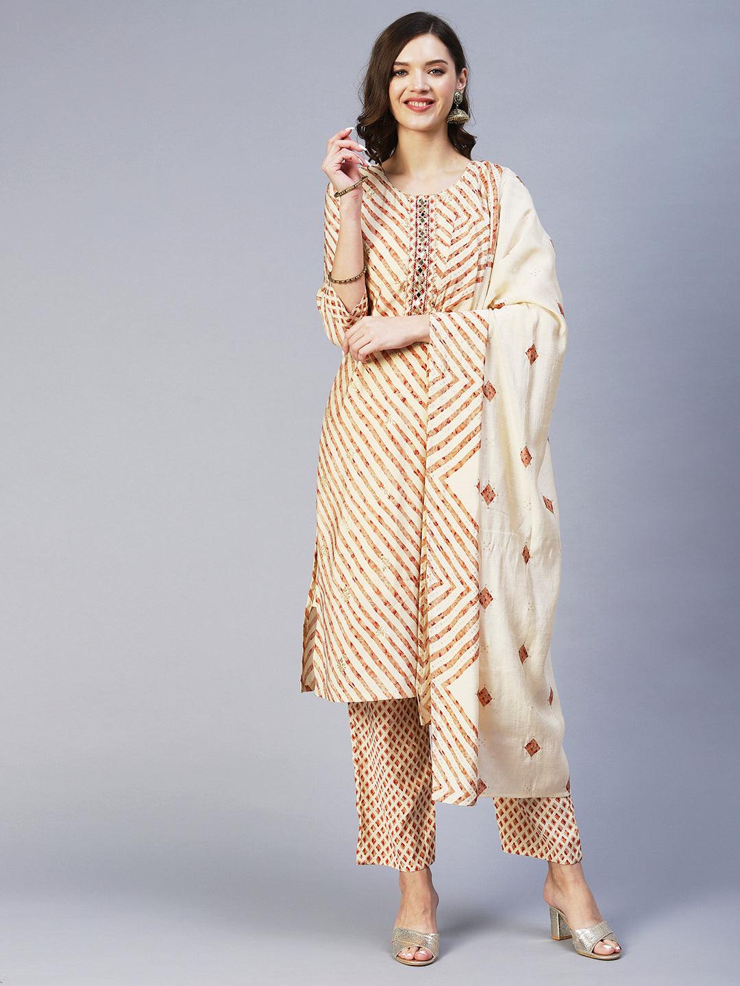 Leheriya Printed & Embroidered Straight Kurta with Pant & Dupatta - Cream - Indiakreations