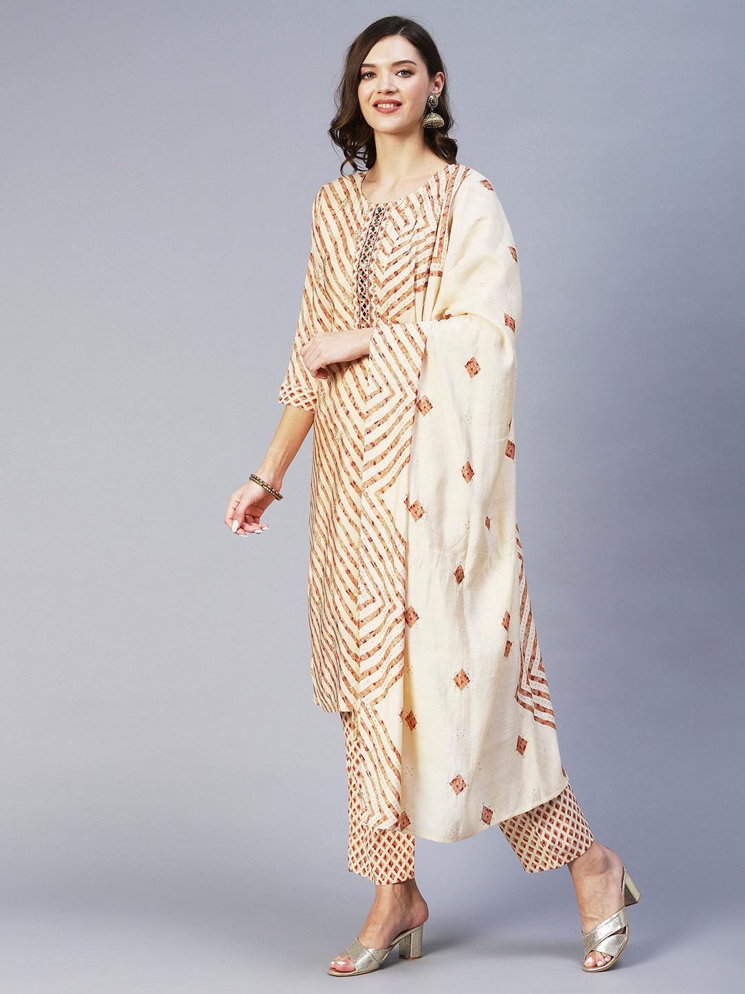 Leheriya Printed & Embroidered Straight Kurta with Pant & Dupatta - Cream - Indiakreations