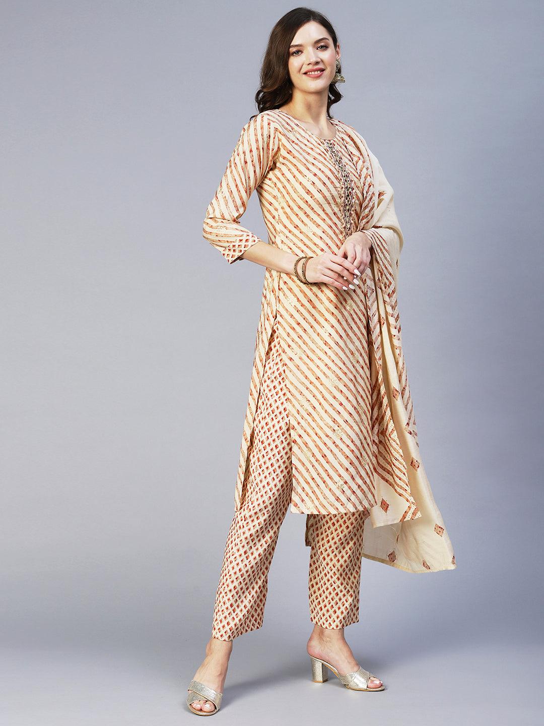 Leheriya Printed & Embroidered Straight Kurta with Pant & Dupatta - Cream - Indiakreations