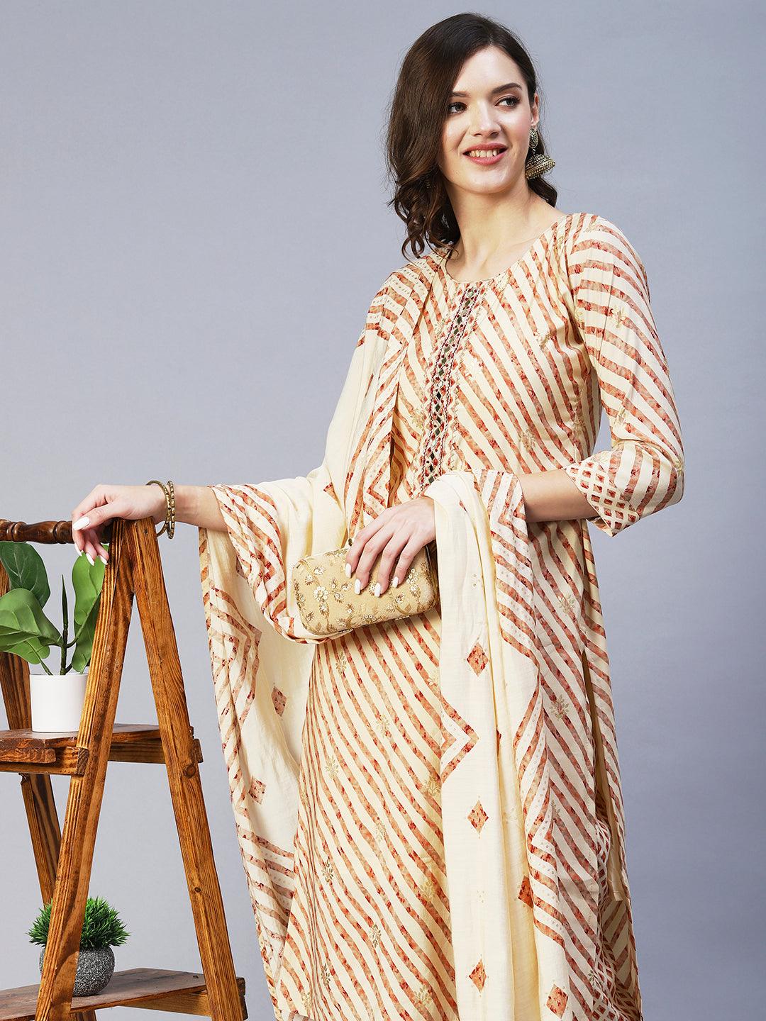 Leheriya Printed & Embroidered Straight Kurta with Pant & Dupatta - Cream - Indiakreations