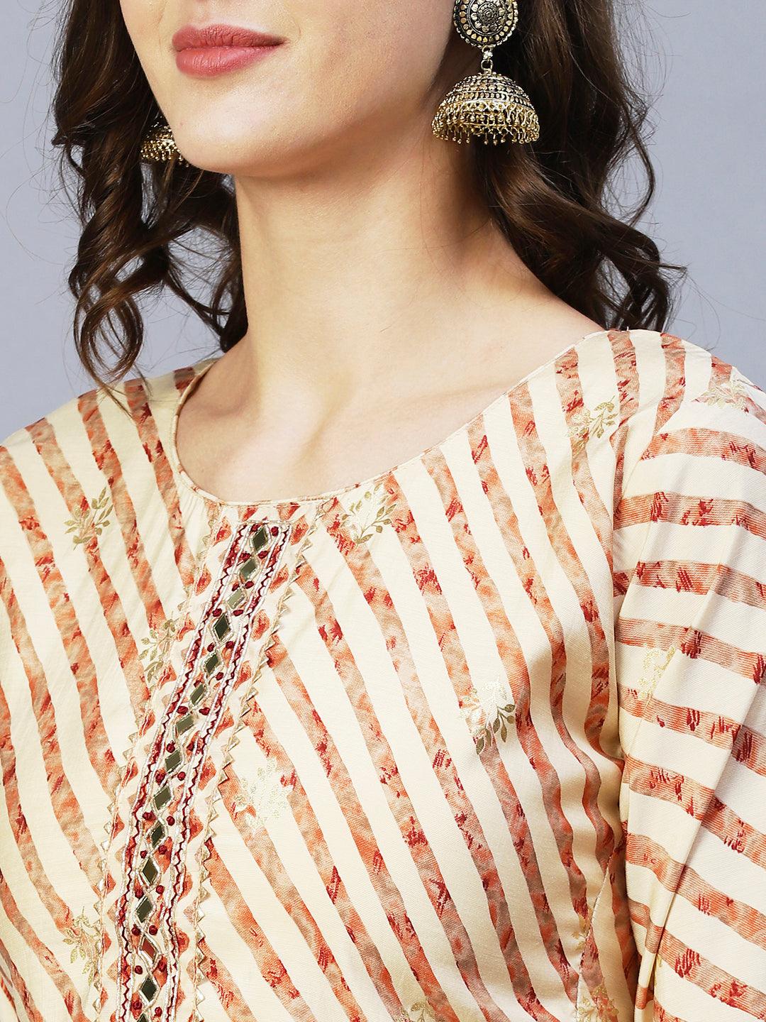 Leheriya Printed & Embroidered Straight Kurta with Pant & Dupatta - Cream - Indiakreations