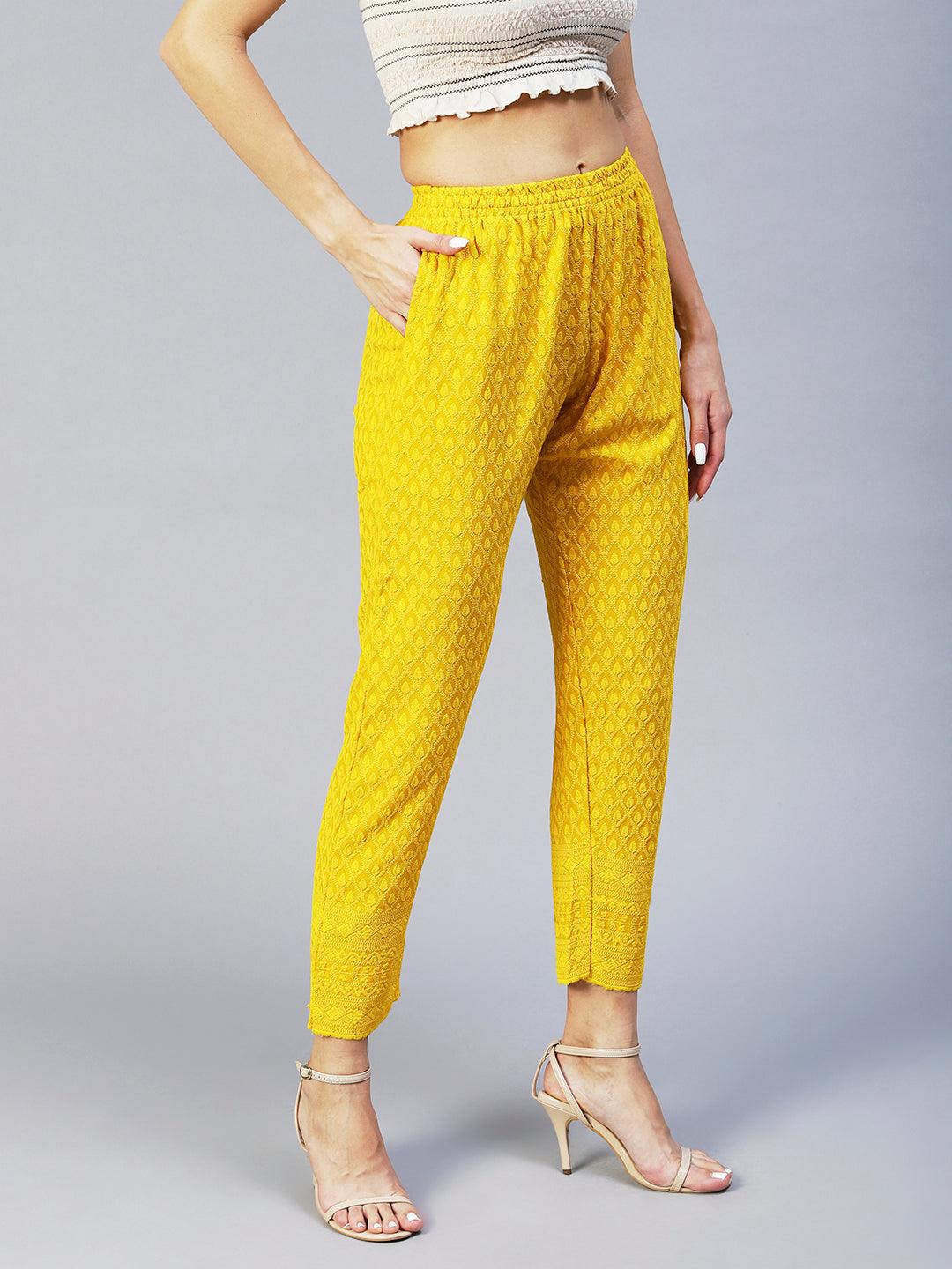 Solid Chikankari Embroidered Straight Fit Pant - Yellow - Indiakreations