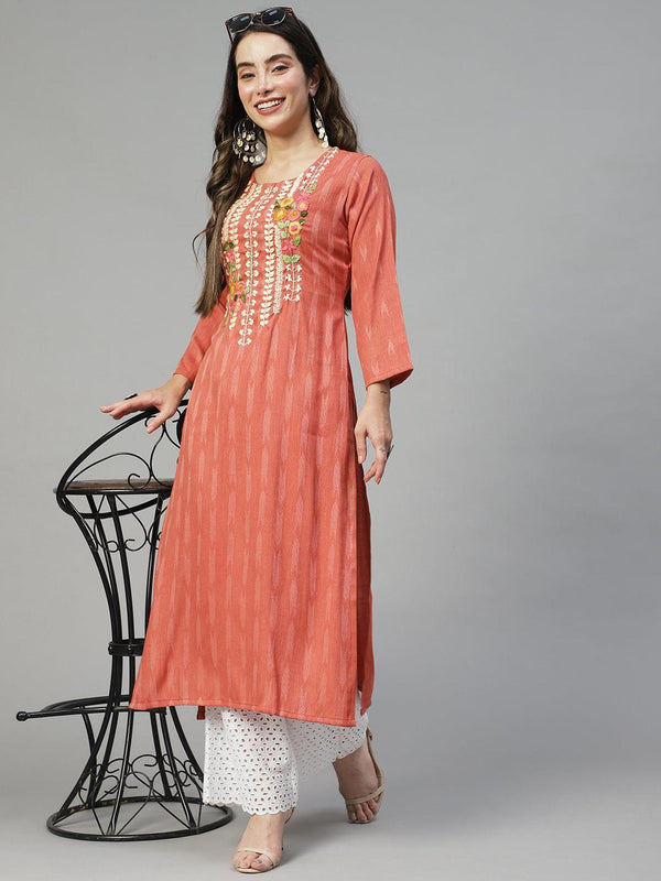 Floral Hand Embroidered Straight Fit Kurta - Rose Gold - Indiakreations