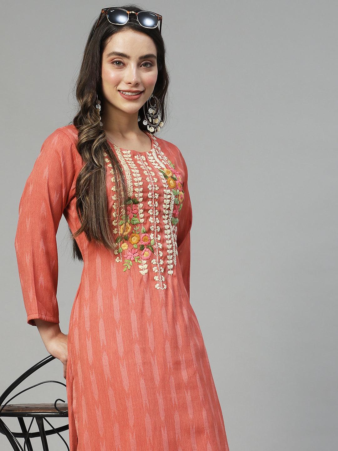 Floral Hand Embroidered Straight Fit Kurta - Rose Gold - Indiakreations